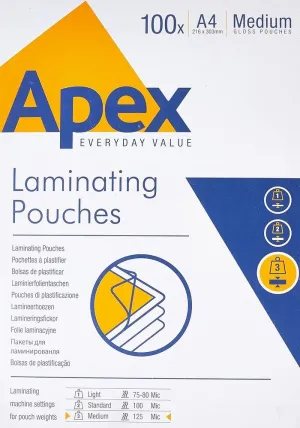 PAQUETE 100 FUNDAS DE PLASTIFICAR APEX A4 6003501 125 MICRAS