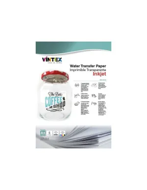 Pack 5 Hojas Vintex Papel Transfer Imprimible A4 Transparente Water Transfer Inkjet Vtx-Waterp-It