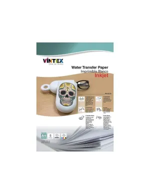 Pack 5 Hojas Vintex Papel Transfer Imprimible A4 Blanco Water Transfer Inkjet Vtx-Waterp-Ib