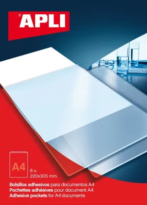 Pack 6 Bolsillos Adhesivos Apli A4 02575