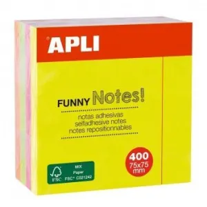 Taco Notas Adhesivas Apli Funny 75X75 mm Cubo de 400 Hojas 4 Colores Surtidos Fluorescente 10974