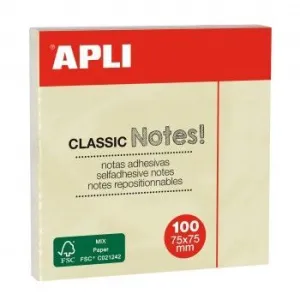 Taco Notas Adhesivas Apli Classic 75X75 mm Bloc de 100 Hojas Color Amarillo 10975