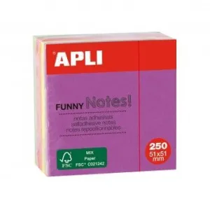 Taco Notas Adhesivas Apli Funny 51X51 mm Mini-Cubo de 250 Hojas 5 Colores Surtidos Fluorescente 11596