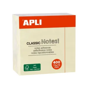 Taco Notas Adhesivas Apli Classic 75X75 mm Cubo de 400 Hojas Color Amarillo 11597