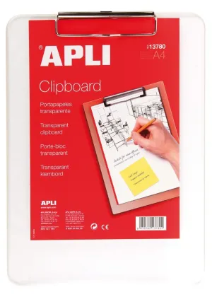 Portapapeles Plastico Clipboard Apli A4 Clip Superior Transparente 13780