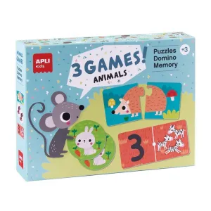 Set de 3 Juegos Animales: 1 Puzle de 24 Piezas, 1 Dominó de 36 Piezas y 1 Memory de 24 Piezas
