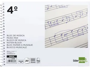 Bloc Musica Liderpapel Cuarto Apaisado Espiral 20 Hojas Pentagrama 4Mm 53896