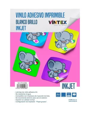 Pack 6 Vinilos Vintex Adhesivo Imprimible A4 Blanco Brillo Inkjet Vtx-02983