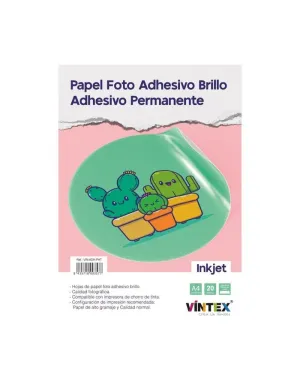Pack 20 Hojas Vintex Papel Foto Adhesivo Imprimible A4 Blanco Brillo Inkjet