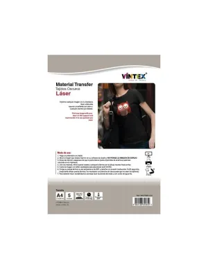 Pack 5 Hojas Vintex Papel Transfer Textil Imprimible A4 Tejidos Oscuros Laser Vin-Trns-Los