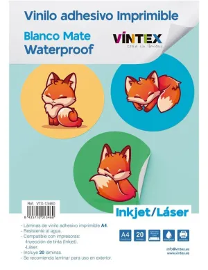 Pack 20 Vinilos Vintex Adhesivo Imprimible Waterproof A4 Blanco Mate Inkjet & Laser Vtx-13460
