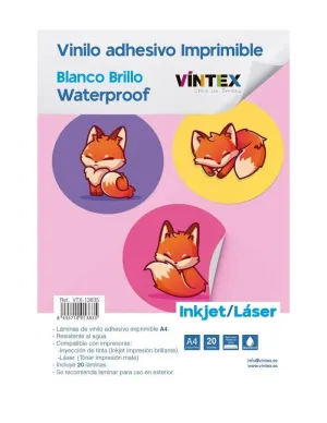 Pack 20 Vinilos Vintex Adhesivo Imprimible Waterproof A4 Blanco Brillo Inkjet & Laser Vtx-13835