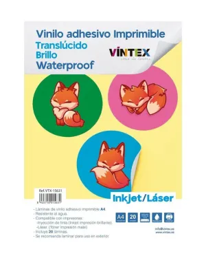 Pack 20 Vinilos Vintex Adhesivo Imprimible Waterproof A4 Translucido Brillo Inkjet & Laser Vtx-15631